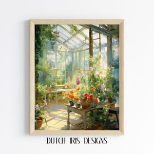 Greenhouse Oil Painting - Lush Indoor Garden Scene, Printable Wall Art, Vintage Botanical Decor, Rustic Cottagecore Greenery Art 492