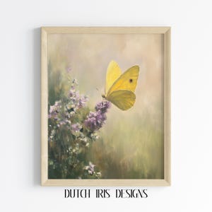 Rustic Yellow Butterfly Wall Art - Vintage Oil Painting, Nature Decor, Earthy Pastel Flower Scene, Printable Cottagecore Art Print 309