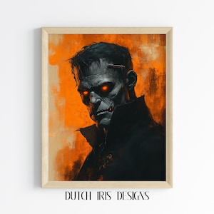 Printable Frankenstein Portrait - Vintage Horror Art, Moody Orange and Black Decor, Dark Gothic Printable Wall Art, Halloween Print 430