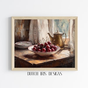 Rustic Kitchen Wall Art - Printable Vintage Oil Painting of Cherries, Farmhouse Fruit Bowl, Cottagecore Kitchen Decor, Digital Art 539