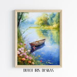 Tranquil Rowboat on Serene Lake - Printable Summer Water Landscape Art, Rustic Cottagecore Decor, Oil Painting, Peaceful Nature Scene 495