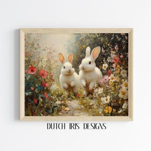 Vintage Bunny Duo in Wildflower Garden Painting - Printable Spring Rabbit Art, Cottagecore Floral Decor, Cute Bunny Wall Print 182