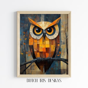 Abstract Owl on Branch in Cubist Style - Rustic Woodland Wall Art, Nature-Inspired Printable, Modern Geometric Owl Decor, Digital Art 619