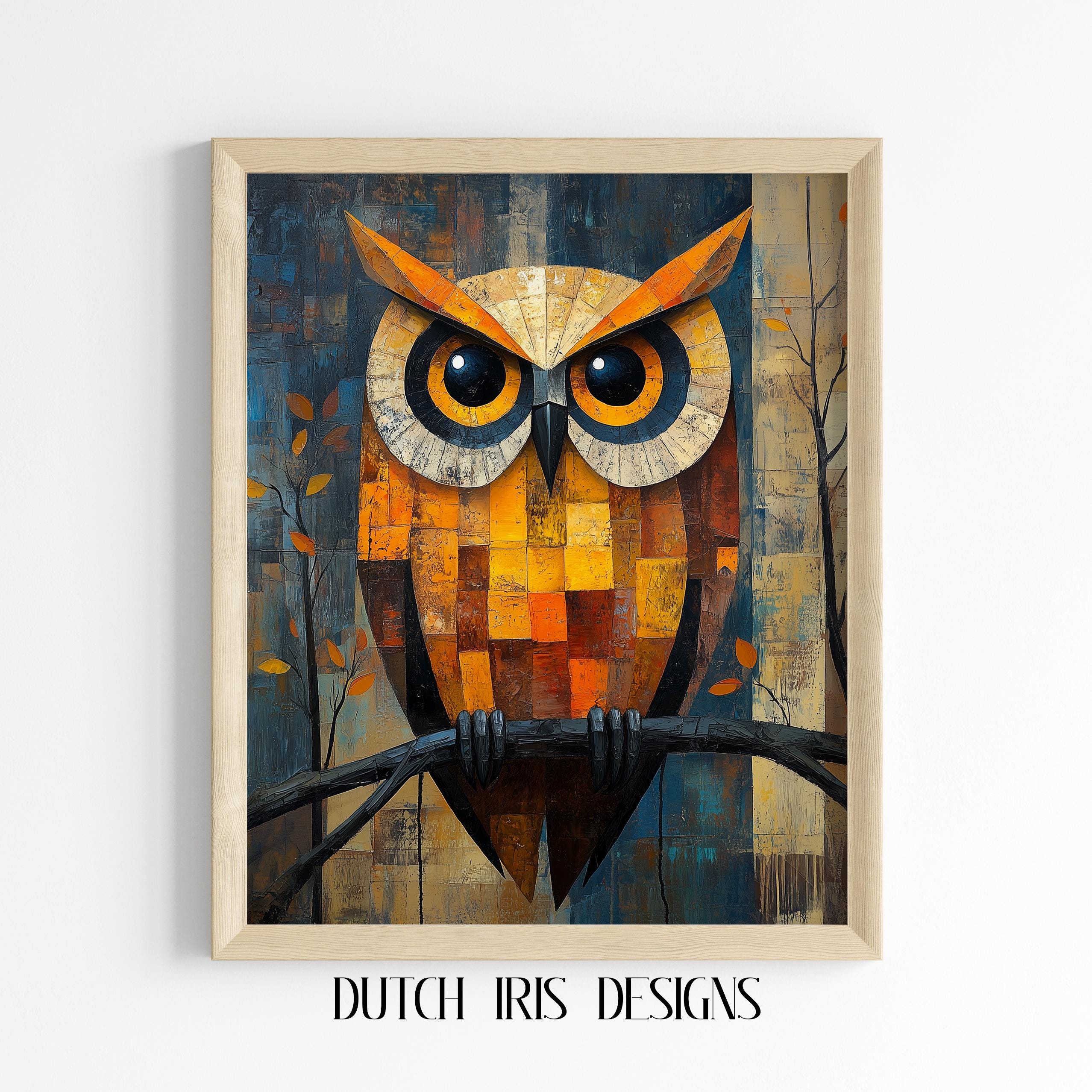 Abstract Owl on Branch in Cubist Style - Rustic Woodland Wall Art, Nature-Inspired Printable, Modern