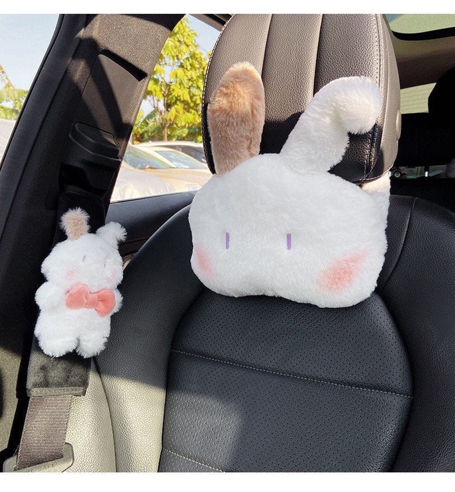 FURRY BUNNY Car Headrest Soft White Rabbit Car Seat Belt Etsy