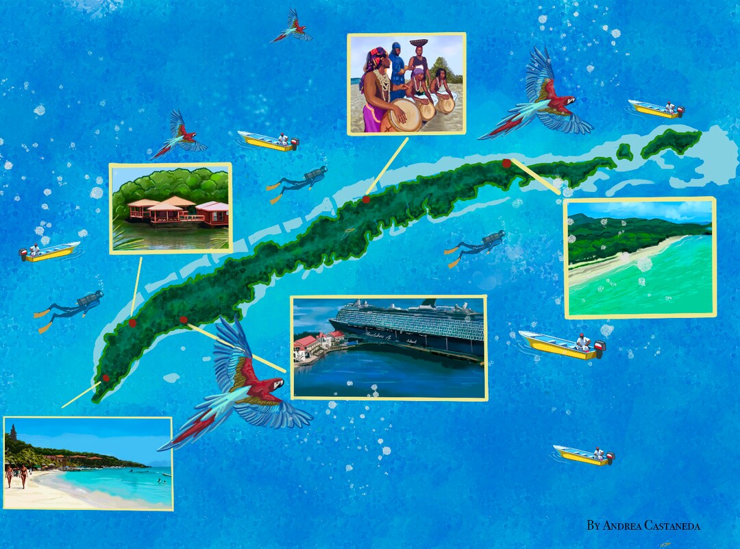Map of Roatan, Honduras, by Andrea Castaneda Etsy