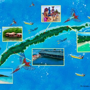 May include: A colorful illustration of a tropical island with various activities and attractions. The island is surrounded by turquoise water and features a green jungle, a white sand beach, a cruise ship, and a group of people playing drums. The image also includes several red and blue parrots flying overhead.