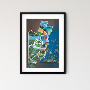 May include: A colorful illustration of Belize, depicting various landmarks and natural features. The map includes the country's coat of arms, a toucan, a waterfall, and the text "BELIZE".