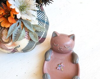 Cat Ring Holder with Butterfly, Handmade Jewelry Dish, Cute Cat Trinket Tray, Small Ring Dish, Cat Lover Gift, Cat with fish