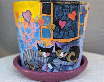 Hand-Painted Van Gogh Cat Planter | Starry Night Ceramic Flower Pot
