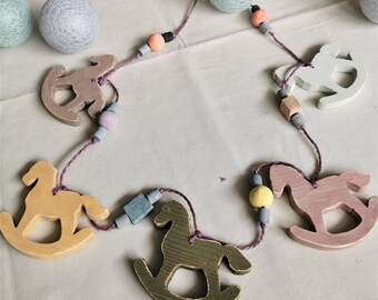 Colorful horse garland, Eco friendly Baby garland, Baby gift, Birthday decor, Room decor, Nursery decor, Wall decor., little wooden horses
