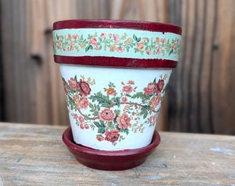 Vintage Floral Cement Planter with Saucer – English Rose Plant Pot, Burgundy Cottagecore Home Decor