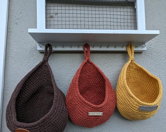 Crochet Hanging Storage Basket | Cotton Rope Wall Organizer | Fruit & Vegetable Holder | Handmade Kitchen Storage | Nursery  Bathroom Basket