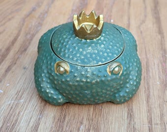 Princess Frog Jewelry Box | Handmade Cement Trinket Box with Crown | Whimsical Cottagecore Decor