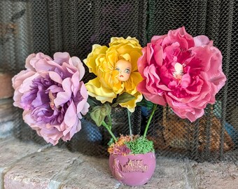 Talking Flowers Arrangement, Alice in Wonderland Inspired Decor, Whimsical Peony Bouquet, Fantasy Floral Centerpiece, Unique Gift
