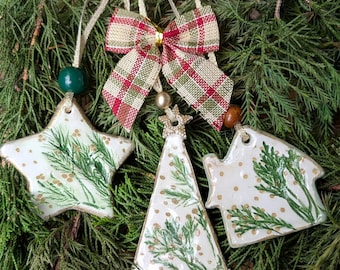 Handmade Christmas Ornaments Set of 2, Clay Tree Decorations, Hand Painted Holiday Ornaments, Unique Christmas Gift