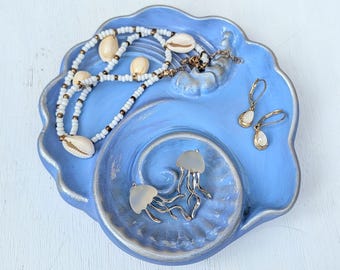 Ocean Wave Jewelry Dish, Handmade Ring Holder, Coastal Trinket Tray, Blue Seashell Jewelry Organizer, Beach Lover Gift