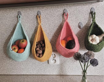 Crochet Hanging Storage Basket | Cotton Rope Wall Organizer | Fruit & Vegetable Holder | Handmade Kitchen Storage | Nursery  Bathroom Basket