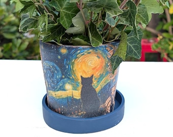 Starry Night Cat Planter | Van Gogh Inspired Flower Pot | Handmade Cat Planter | Indoor Plant Pot | Succulent Pot | Gift for Cat Lover