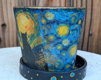 Starry Night Cat Planter | Van Gogh Inspired Flower Pot | Handmade Cat Planter | Indoor Plant Pot | Succulent Pot | Gift for Cat Lover