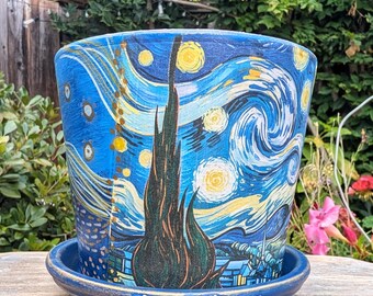 Van Gogh Starry Night Planter, 6 Inch Flower Pot, Art Lover Gift, Hand Painted Succulent Pot, Unique Artist Inspired Decor