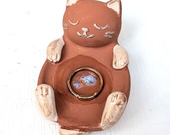 Cat Ring Holder with Tiny Fish, Handmade Cat Trinket Dish, Jewelry Holder, Cat Lover Gift, Small Ring Dish, Cute Cat Decor