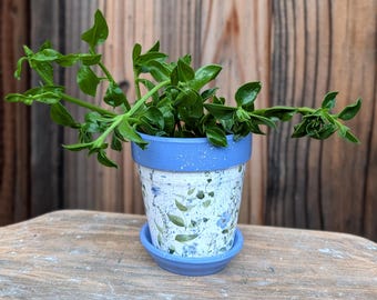 Blue Hydrangea Cement Planter with Drainage, Handmade Floral Succulent Pot, Decoupage Flower Pot, Indoor Plant Pot with Saucer