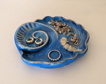 Ocean Wave Jewelry Dish, Handmade Ring Holder, Coastal Trinket Tray, Blue Seashell Jewelry Organizer, Beach Lover Gift