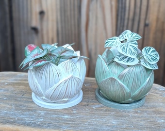 Lotus Cement Planter, Succulent Pot with Drainage, Lotus Flower Brush Holder, Small Concrete Planter, Boho Desk Organizer