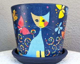 Hand-Painted Van Gogh Cat Planter | Starry Night Ceramic Flower Pot