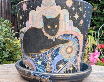 Black Cat Planter, Celestial Cat Flower Pot, Mystical Succulent Planter, Witchy Home Decor, Handmade 6 Inch Plant Pot