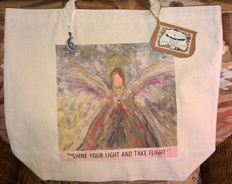 Angels are among us... Artist Embellished 100% cotton tote (image from the series of original paintings)