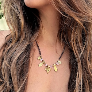 Neela macrame necklace with rose quartz and brass for love, harmony & self-care, boho jewelry, gift for her, piece of jewelry