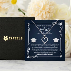 Enkelin Uni Abschluss Geschenk Frauen, Master Bachelor Absolventin Schmuck, Phd Hochschule, Silber Halskette Set mit Karte Herz Anhänger