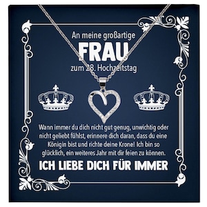 Ehefrau Königin 28. Hochzeitstag Geschenk Ich Liebe Dich Frauen Schmuck Silber 925/000 Herz Halskette Damen Collier mit 23 Zirkonia Steinen
