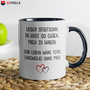 Stiefsohn Geschenk Bonus Sohn Tasse Geburtstag von Stiefmama Stiefpapa, Weihnachten Idee Junge Schwarz-Weiss Haferl Kaffeetasse Mann
