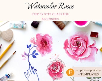Rosen malen Video-Tutorials für Anfänger, DIY-Kunst für die Wand und das Heimdeko, Schritt-für-Schritt-Lektionen mit digitalen Mustern