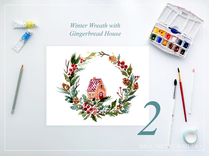 May include: Watercolor painting of a winter wreath with a gingerbread house. The wreath is composed of green pine needles, red berries, and pine cones. The gingerbread house is orange with a pink roof. The text "Winter Wreath with Gingerbread House" is above the painting.