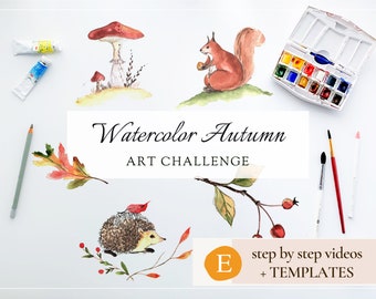 Autumn Illustrations Art Challenge Watercolor Video Tutorial for Beginners, DIY Artwork, Step-by-step Digital Pattern