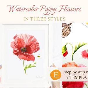 Tutoriel de peinture pour débutants, fleurs de pavot, aquarelle étape par étape, impression d'art bricolage pour décoration intérieure et tutoriels de création d'art mural