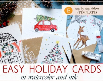 Watercolor Christmas Cards Illustration Tutorial, Step-by-Step Painting (Digital Download)
