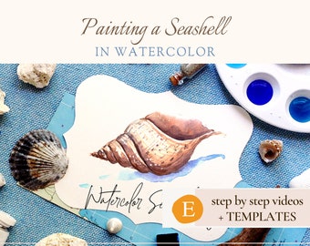 Seashell - Watercolor Tutorial for Beginners, DIY Artwork for Wall Art and Home Décor, Step-by-step Digital Pattern Beginner Nautical gift