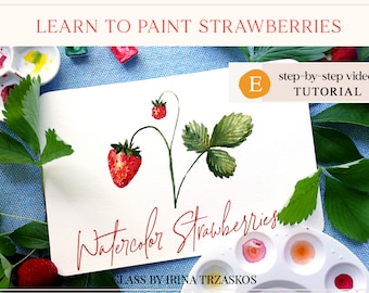 Strawberries  Beginner Watercolor Painting Tutorial, Step by step botanical watercolour DIY Art Print for Home decor, Wall Art or Stationery