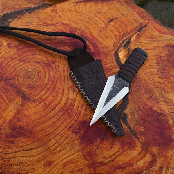 Small custom EDC pendant handmade recycled kunai neck with leather sheath