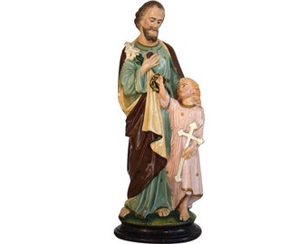 Art Deco Religious "Saint Joseph with Child Jesus" Statue - Chalkware - Home Altar - 1920s - 1930s - (13.25 inch / 33.5 cm)