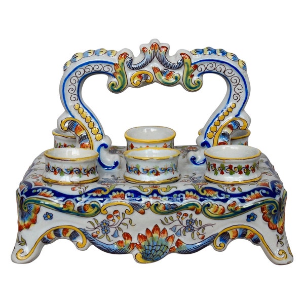French 19th Century Rouen Faience Egg Cup Holder, with 6 Egg Cups - Made in France.