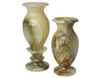 Modern Set (2) Polished Green Onyx Marble Vases - Natural Stone Flower Stands - (10 inch / 25 cm)