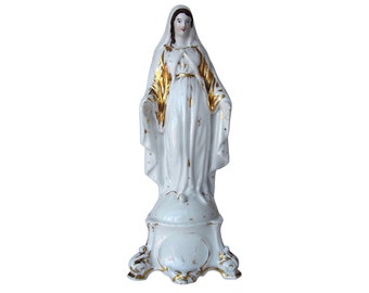 French 19th Century "Madonna" Statue - "Virgin Mary" Religious Porcelain Figurine - Home Altar - (10 inch / 25.5 cm)