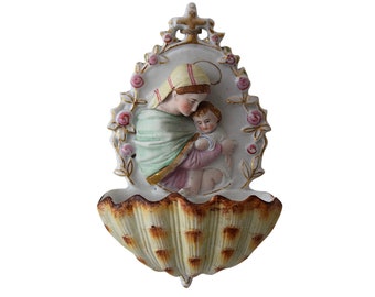 19th Century Holy Water Shell Font - Hand Painted Porcelain Holy Water Shell Vessel - 3D "Madonna With Child Jesus" - (7 inch / 18 cm)