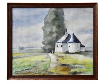 Belgian "M. Knockaert" Original Framed Artwork - Quiet Landscape With Chapel - Watercolor Painting - Signed by Artist - Belgium.